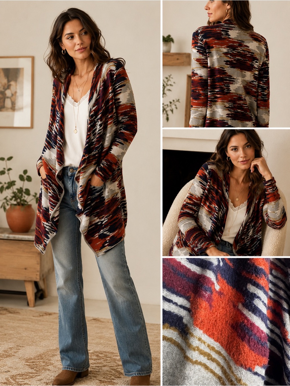 Lucky Brand Southwestern Open Front Cardigan S Rust Navy Boho Knit